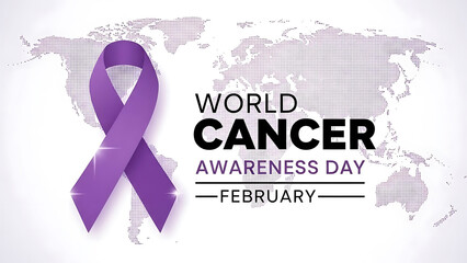 World Cancer Awareness Day with purple ribbon on a global map, highlighting health awareness and support, celebrated annually in February.