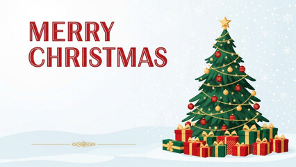 Naklejka premium Merry Christmas Poster Template – Flat Vector Holiday Tree Design with Snow & Gifts