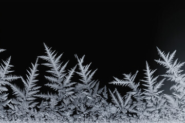 Detailed white frost ice crystals on black background. Winter season border concept. Decoration for Christmas frame with copy space
