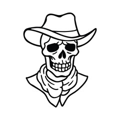 Cartoon vector illustration of a fun pirate skull wearing a cowboy hat and black eyepatch, a great icon symbol for costume design or a tattoo character