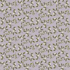 Seamless pattern featuring delicate mistletoe branches with green leaves and white berries on a muted lavender background. Elegant botanical design perfect for textiles, packaging and holiday decor