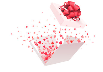 Open gift box with a red bow and flying heart-shaped confetti. Romantic celebration concept, perfect for Valentine's Day, birthday surprises, wedding anniversaries, and festive design projects.