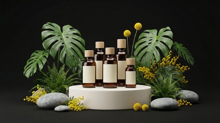 Aromatherapy Product Display: A collection of amber glass bottles, elegantly arranged on a pedestal.