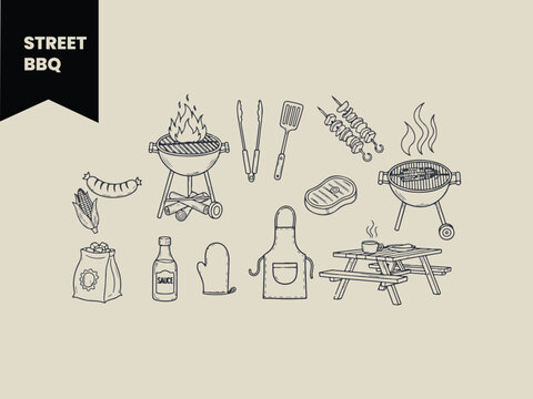 Hand Drawn Street BBQ and Grilling Icon Set - Doodle Style Barbecue Tools, Meat, and Picnic Vector Illustration