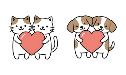 Cute cartoon cats and dogs holding a large pink heart isolated on transparent background