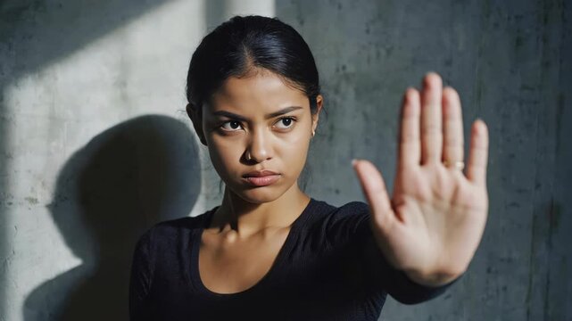 A young woman with a determined expression and outstretched arm in the middle of waving 'stop'.