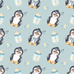 Seamless pattern Cute penguins collection in winter Hand drawn watercolor illustration. For labels, paper, textiles on light blue background.