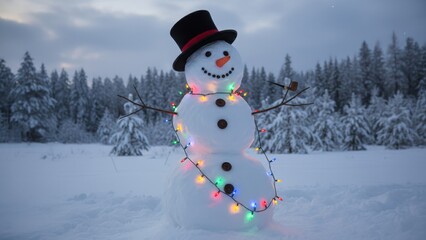 Cheerful snowman with colorful Christmas lights in snowy winter forest