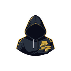 A hooded figure in a dark purple robe is depicted holding a bulging sack of gold coins, with several coins spilling out onto the ground behind them.