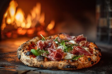 Gourmet pizza with prosciutto arugula and mozzarella in a wood fired oven