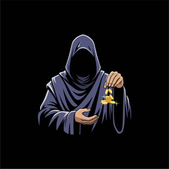 A hooded figure in a dark purple robe is depicted holding a bulging sack of gold coins, with several coins spilling out onto the ground behind them.