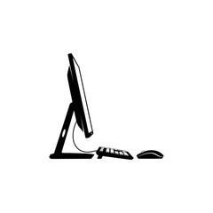 A black and white silhouette of a modern desktop computer setup with a monitor, keyboard, and mouse viewed from the side.