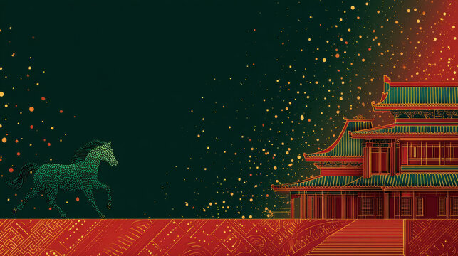 Playful vector layout featuring a green horse icon. Traditional Chinese temple and golden particles. Chinese New Year celebration concept. - Powered by Adobe