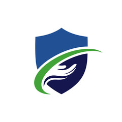 A blue shield with a green swoosh and a white hand reaching out from behind it, symbolizing protection and care.