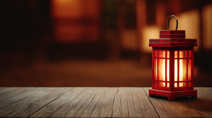 Red lantern with glowing interior positioned on the right side of a rustic wooden table. Chinese New Year celebration and holiday.