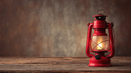 Red lantern with glowing interior positioned on the rustic wood table. Traditional illumination object with warm light for festival concept.