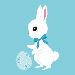 Cute white Easter bunnies, color clothes, cutie bows, pattern eggs. Spring collection. Sticker design. Set of easter eggs, pretty rabbits. Happy Easter. Greeting cards, birthday decoration, poster art