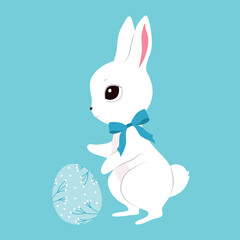 Cute white Easter bunnies, color clothes, cutie bows, pattern eggs. Spring collection. Sticker design. Set of easter eggs, pretty rabbits. Happy Easter. Greeting cards, birthday decoration, poster art