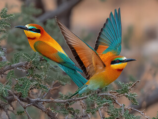 Obraz premium Pair of colorful birds with vibrant orange, yellow, green and turquoise feathers perched on thorny branches in natural outdoor setting with blurred background