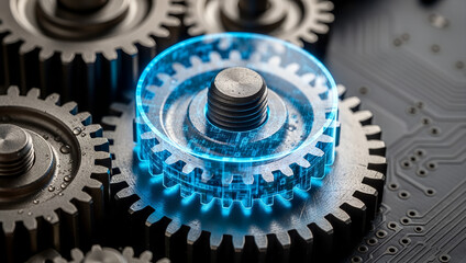 Digital intelligence concept with glowing gear on a circuit board background.