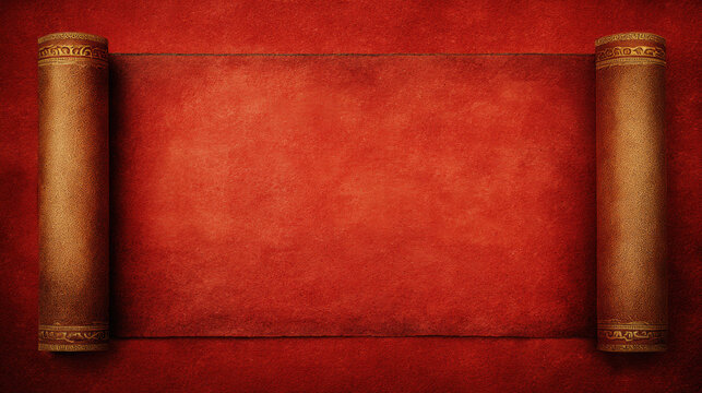 Traditional Chinese vertical scroll in red and gold vintage style. Festive ancient paper for announcement, greeting card or invitation. New Year concept.