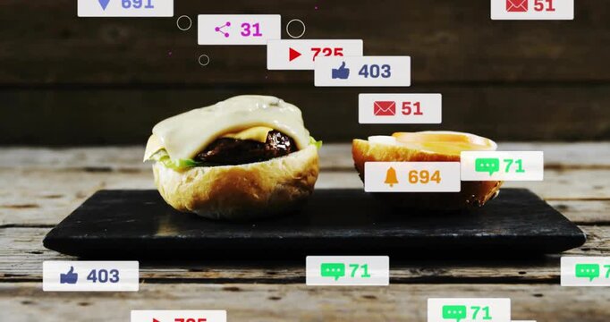 Sauce droplet dropping bun halves drawing swarming badges counters aligning revealing engagement