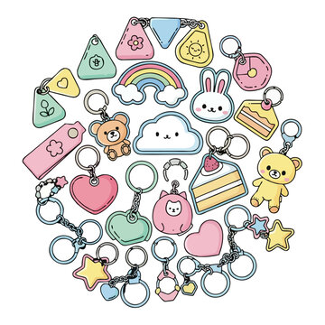 Collection of cute and colorful kawaii-style keychains and charms shaped like animals, food, and objects arranged in a circle