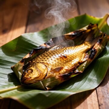 Realistic photo of pepes ikan wrapped in banana leaf with aromatic steam.