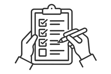 Person writes on a checklist while holding a clipboard and pen in an indoor setting during daytime