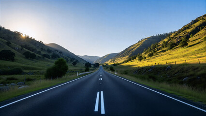 road to the mountains, open highway in mountain landscape, empty road through green valley, scenic countryside road at sunrise, long road perspective in nature