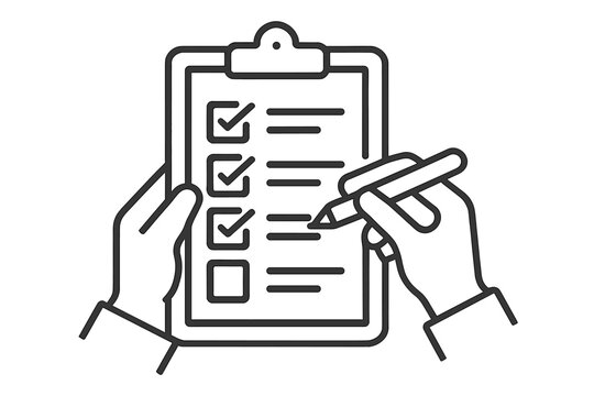 Person writes on a checklist while holding a clipboard and pen in an indoor setting during daytime