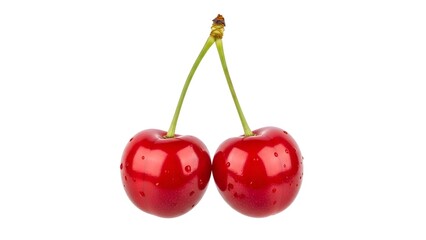 Two ripe red cherries connected by stems on a white background