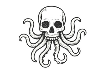 Skull and octopus design with tentacles and chain in black and white drawing on plain background