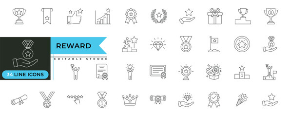 Reward and achievement line icons set featuring trophies, medals, awards, success symbols, performance recognition, motivation, leadership, milestone celebration and accomplishment elements
