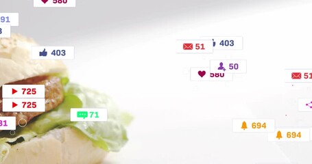 Mouse cursor entering frame, badges swarming and overlapping, then dispersing, revealing sandwich