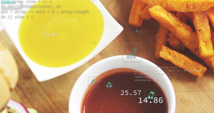 HUD icons appearing over fries, camera panning left to reveal burger, visualizing CO2 metrics