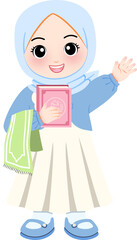 Smiling cartoon depiction of a joyful Muslim girl in a light blue hijab, holding a quran and prayer rug, ready for worship and study