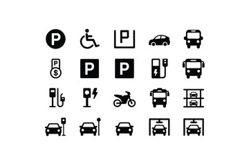 Collection of parking and transportation icons for navigation and information