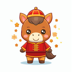 Obraz premium A cute cartoon horse character wearing traditional red Chinese New Year attire with golden decorations.