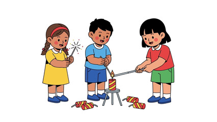 Naklejka premium Children Celebrating with Fireworks A Festive Illustration of Childhood Joy and Celebration