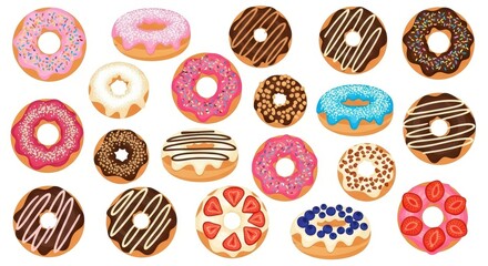 Delicious assortment of donuts with various toppings and vibrant colors creates a tempting sweet