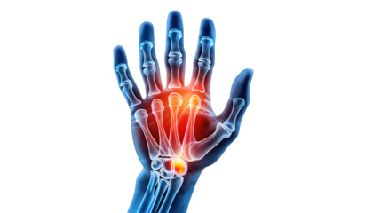 Human hand anatomy x-ray with red glowing pain area on finger joints and palm for orthopedic medicine rheumatology and inflammatory arthritis healthcare visualization secluded on a plain backdrop