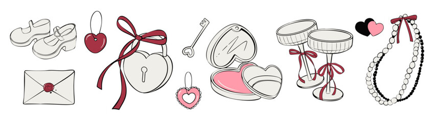 Coquette accessories vector set with hand-drawn fashion and romantic icons. Features shoes, heart lock, pearl necklace, champagne glasses, and makeup compacts for dreamy designs