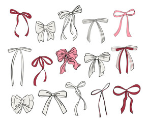 Hand-drawn vector set of Coquette aesthetic bows and ribbons in pink, red, and white. Perfect decorative elements for vintage fashion, gift wrap, and feminine designs.