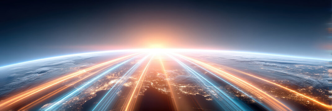Global network connectivity digital technology earth planet data internet sunrise over horizon with glowing light trails connecting cities vibrant futuristic scene conveying energy and connection