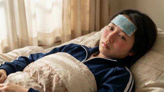 Girl with cooling patch on forehead resting due to flu