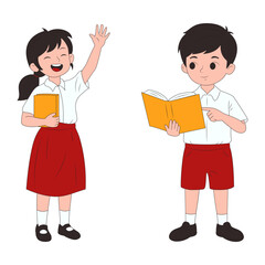 Happy elementary school children with books, a smiling girl waving and a boy reading, symbolizing learning and education.