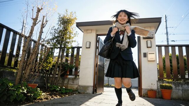 Happy Japanese high school girl going to school in winter.
