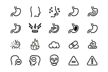 Collection of simple line icons representing health danger and illness
