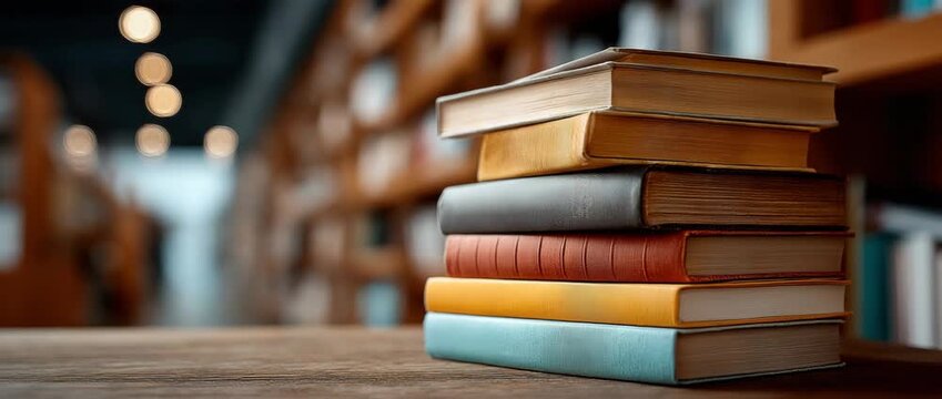 A pile of books on a library table